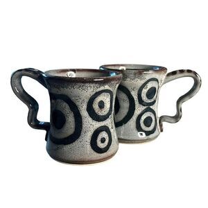 Handmade Pottery Mugs by Brandee Ross Signed Galaxy Black & Sand "Circles" pair